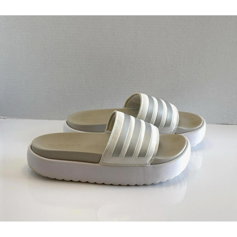 Adidas Adilette Platform Sandal IE9703 Women's 9 White/Metallic Comfort Slides - Picture 2 of 15
